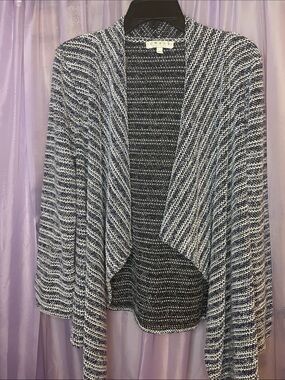 Chaus Navy & White Open-Front Draped Cardigan